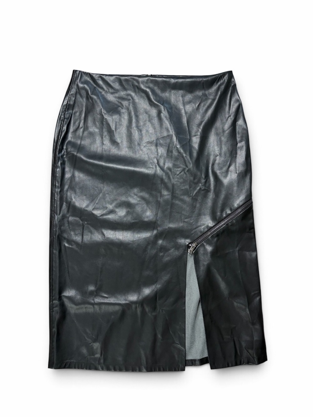 DKNY Black Faux Leather Midi Pencil Skirt Size 16 Zip Split